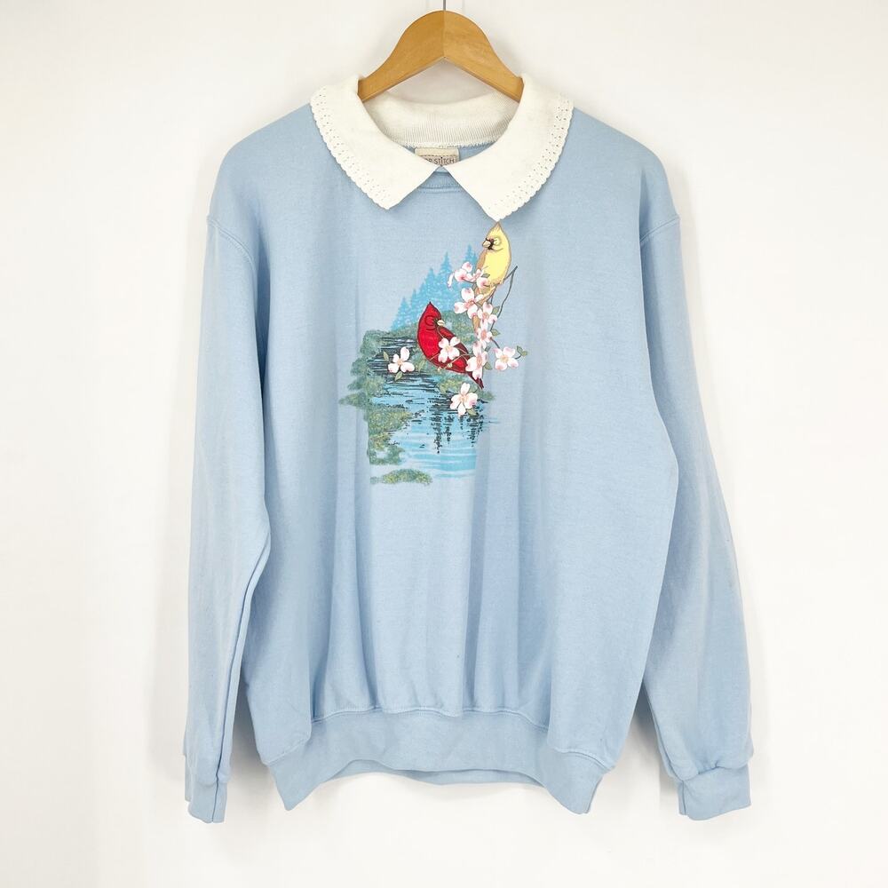 Vintage 90s Cottage Cardinal Graphic Collared Light Blue Sweatshirt Size Large